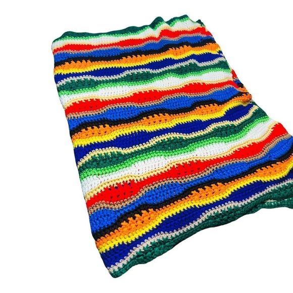 Handmade Bedding 864 Rainbow Striped Handmade Knit Crotchet Throw